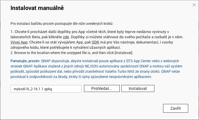 QNAP Aplikační centrum - Instalovat manuálně - Prohledat